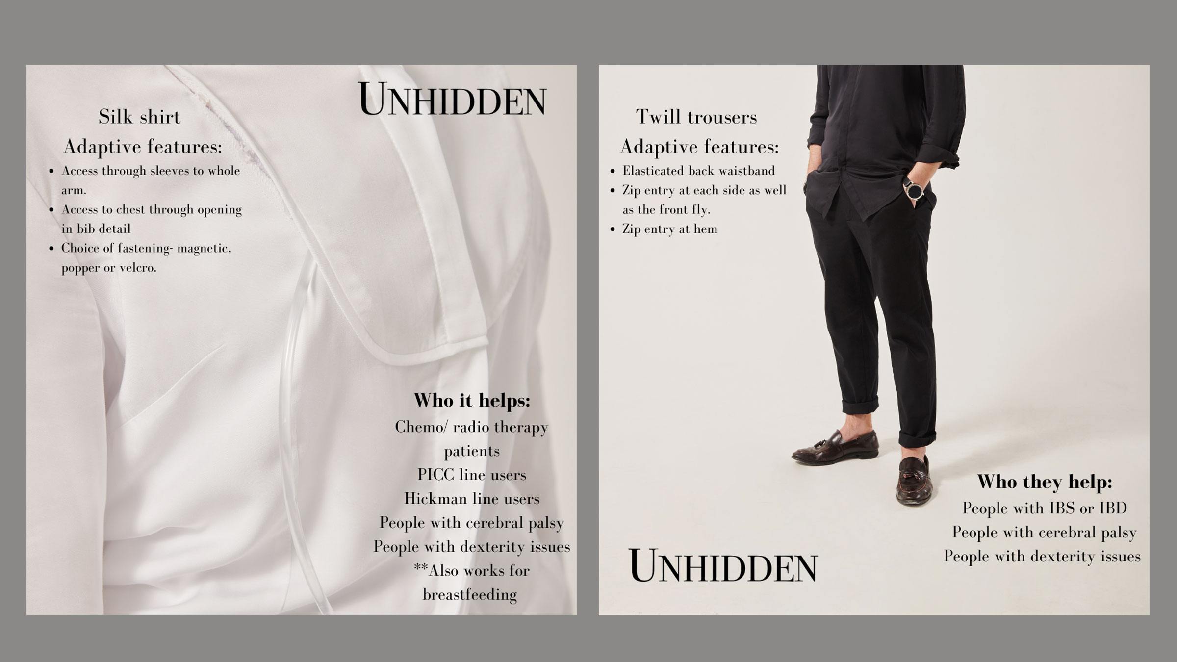 Two images of adaptive clothing from the brand Unhidden. The left shows a white shirt with adaptive features and the right shows a pair of black trousers with adaptive features.