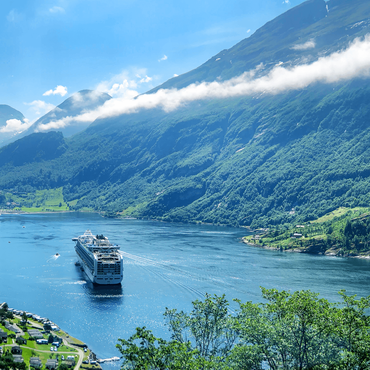 A cruise ship in a Norwegian fjord