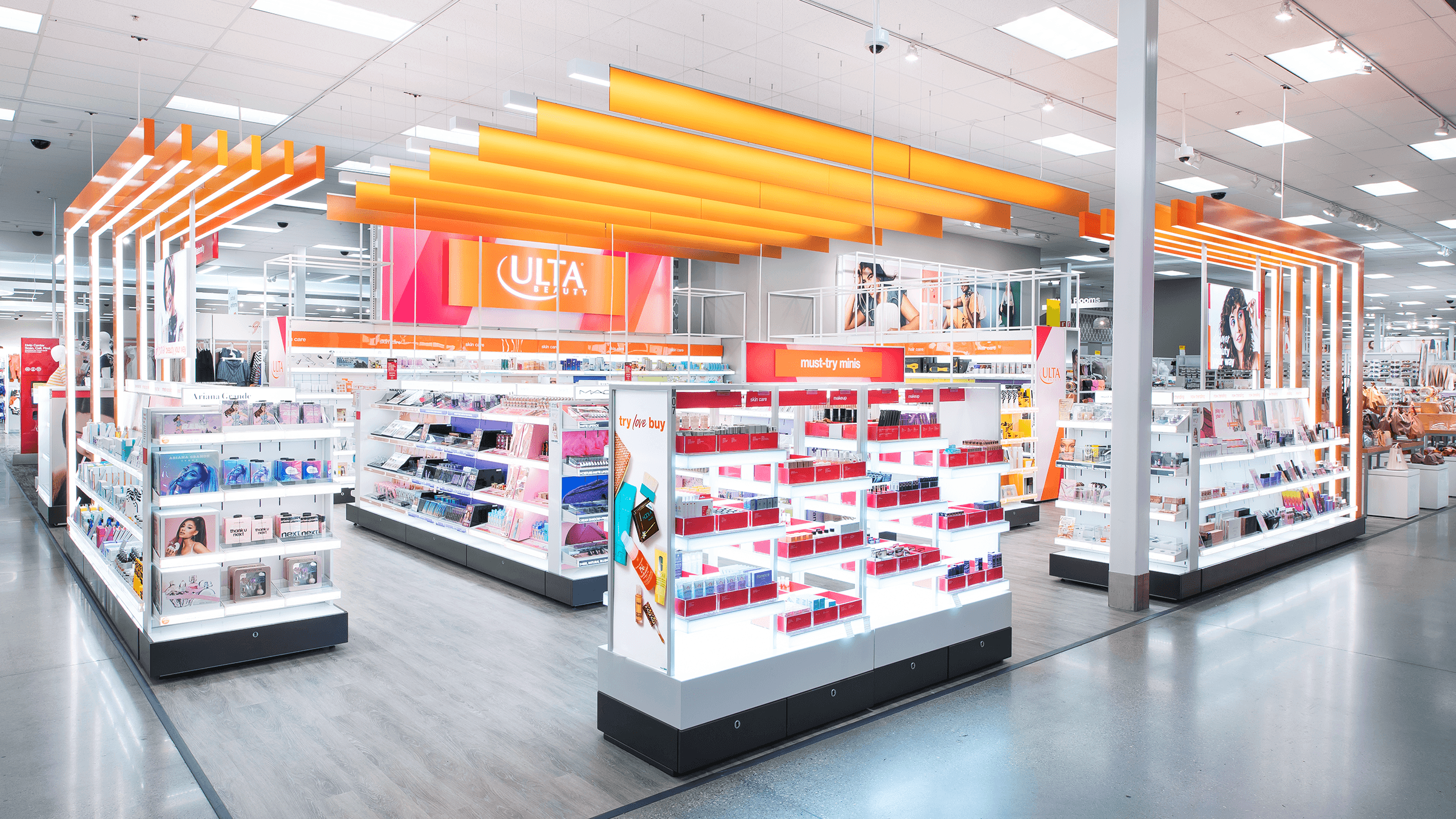 An interior view of an Ulta Beauty kiosk inside a Target