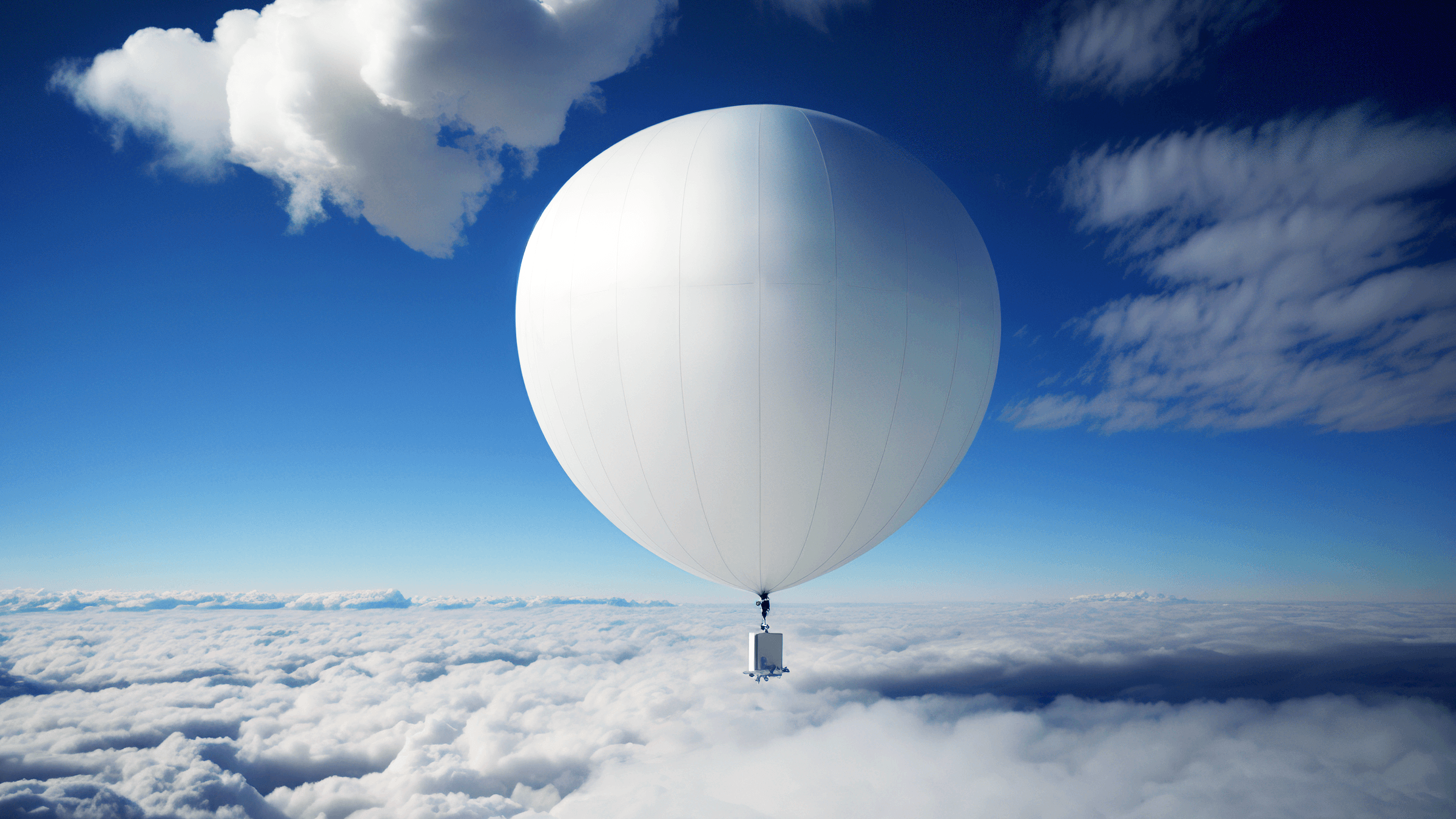A spy balloon floats in the bright blue sky