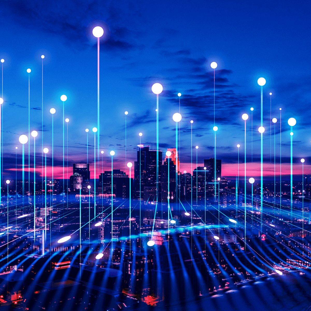 A futuristic image of a digital city in the metaverse