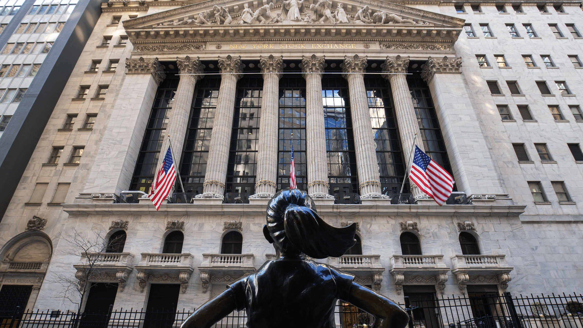 A close up picture of the front of the New York Stock Exchange building, Wall Street, NY