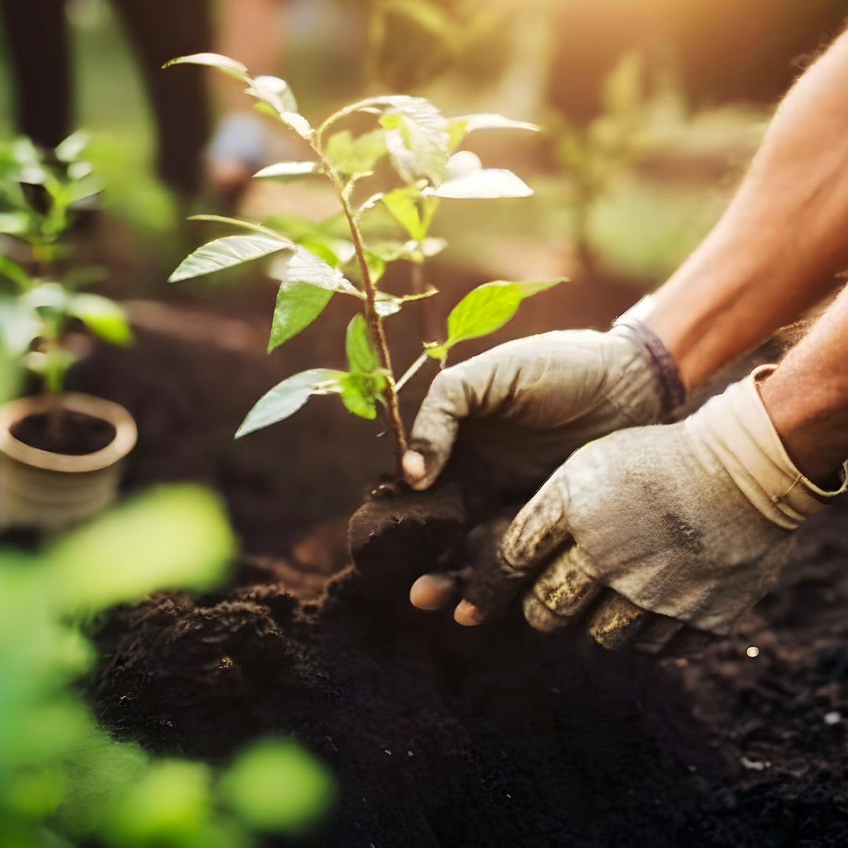 A pair of hands planting a small green tree into the soil