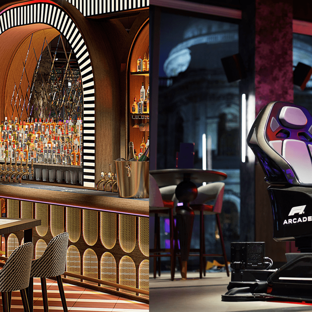 left image, the bar inside the F1 arcade. right imafe: A racing chair setup inside the F1 arcade.